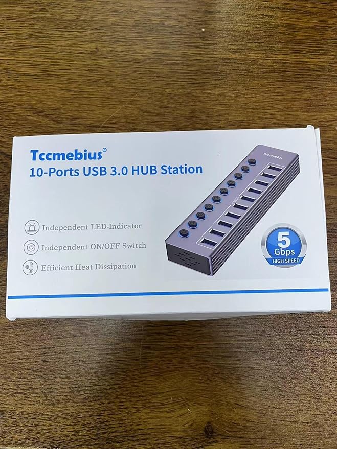 Powered 10-Port USB 3.0 Hub, USB C to 10 Ports USB Data Hub Splitter with Individual LED On/Off Switche, 3.3FT Cable, 12V/3A Power Adapter, for Laptop MacBook Pro/Air PC (Aluminum Gary)