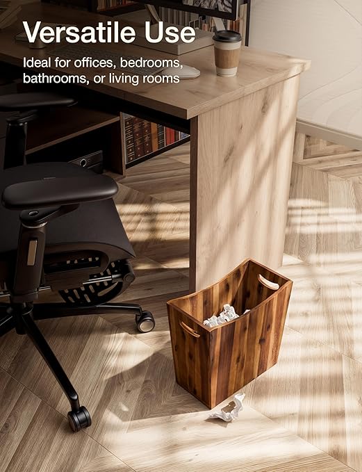 3 Gallons Rectangular Wastebaskets - Acacia Wood Waste Basket with Handles - Small Trash Can for Bathroom - Brown Garbage Bin for Spa Bathroom Decorative, Kitchen Counter, Living Room (Walnut)