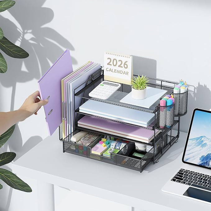 gianotter Desk Organizers and Accessories with File Holder, 4-Tier Desk Accessories & Workspace Organizers with Drawer and 2 Pen Holder, Paper Organizer for Office Supplies (Black)