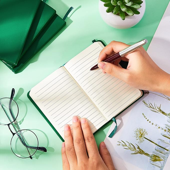 40 Pieces Small Notebooks A6 Pocket Journals 3.5 x 5.5 Inch Small Leather Notebook Mini Ruled Lined Journal with Elastic Band Pen Holder Page Marker Ribbons (Green)