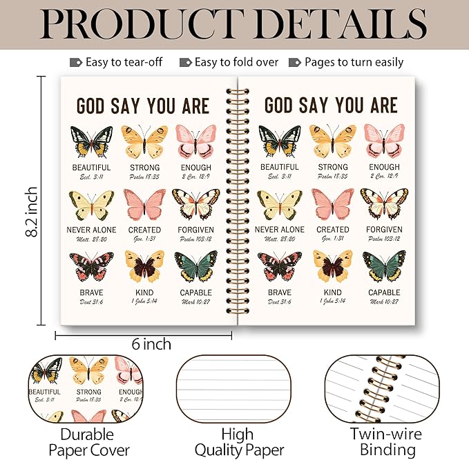 Butterfly Bible Notebook Journal - Christian Spiral Notebook, Bible Notebooks for Note Taking, God Say You are Butterfly Notebooks Gifts for Women, Christian School Office Supplies, 6x8.2In
