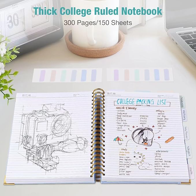 Spiral Notebook, College Ruled Notebook, 8" x 10", 300 Pages Leather Journals for Writing, B5 Hardcover Journaling Notebooks for Work School, 24pcs Tabs, Large Embossed Journal for Women Men, Purple