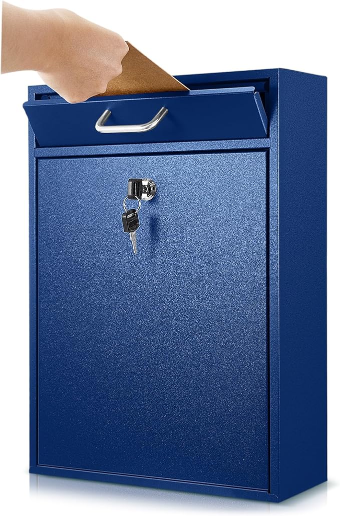 Locking Mailbox with Key for Outdoor 16.2 x 11.2 x 4.7 Inches Large Wall Mount Mail Box with Lock Security Mail Drop Metal Collection Boxes Hanging Secure Postbox(Dark Blue)