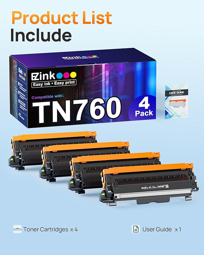 E-Z Ink Compatible TN760 Toner Cartridges Replacement for Brother TN-760 TN730 TN-730 to Use with HL-L2350DW HL-L2395DW HL-L2390DW HL-L2370DW MFC-L2750DW MFC-L2710DW DCP-L2550DW (Black, 4 Pack)