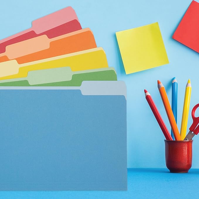 200 Blue Summit Supplies Colorful File Folders with Tabs, Multi Colored File Folders Letter Size, 1/3 Cut Tabs, Assorted Colors, Durable 11pt Paper, Bulk 200 Pack