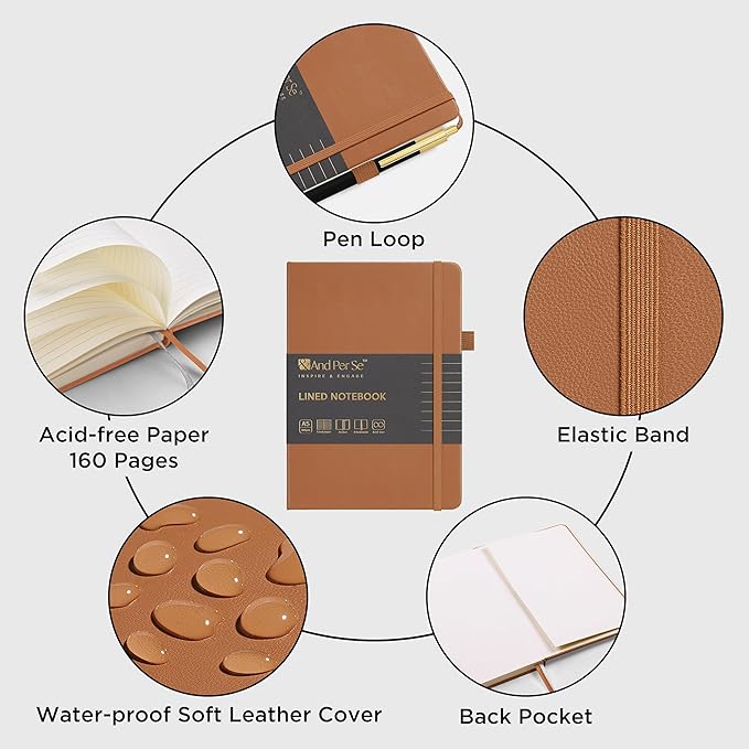 A5 Lined Leather Journal and Pen Set, Hardcover Notebook with Pen, 160 Pages 100gsm Thick Ruled Paper for Men Women, for Work, Business, School or Home Writing, 5.7'' x 8'' (Light Brown-Set1)