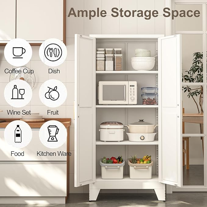 61H Metal Storage Cabinet with 2 Doors and 5 Shelves,Farmhouse Storage Cabinet with Barn Doors,Pantry Storage for Home,Office,Bathroom,Dining Room,Kitchen(White)