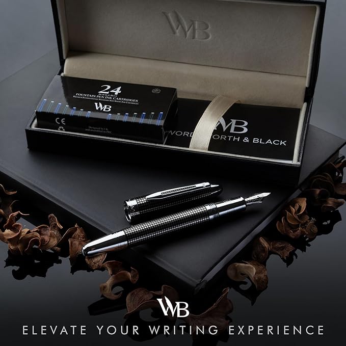 Wordsworth & Black Majesti Fountain Pen-(Black Checked), Luxury Case, Stainless Steel; Medium Nib- Ink Cartridges, Refillable Ink Converter-Calligraphy Pen-Best Business Gift Set for Men & Women