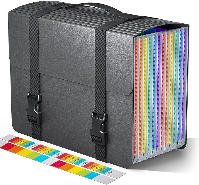 Accordion File Organizer,Expanding File Folders with Handle,13 Pockets Expandable Filing Folders,Tabs Included in Filing Box,Adjustable Strap,Bill Documents Organizer,A4/Letter Size,Black
