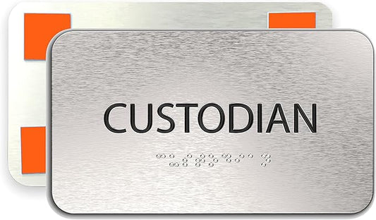 ADA Custodian Closet Sign for Business - Office Signs, Aluminum Brushed Silver, Tamper-Proof, Heavy Duty Mounting Tape, Easy Install, Office Décor, ADA Compliant, Grade 2 Braille (7”W x 4”H) ADASigns.org
