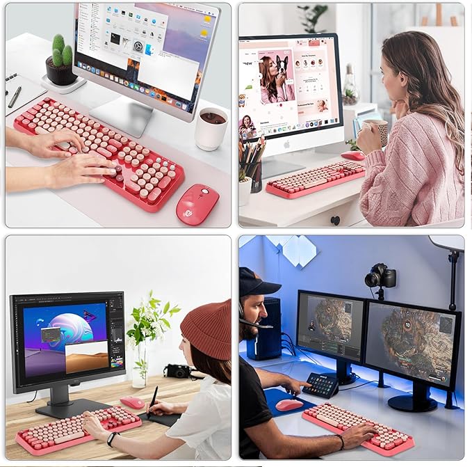 Wireless Keyboard and Mouse Combo, 2.4 GHz Wireless Full-Sized Typewriter Keyboard with Round Keycaps for Windows, Computer, Desktop, PC, Laptop (BerryPink)