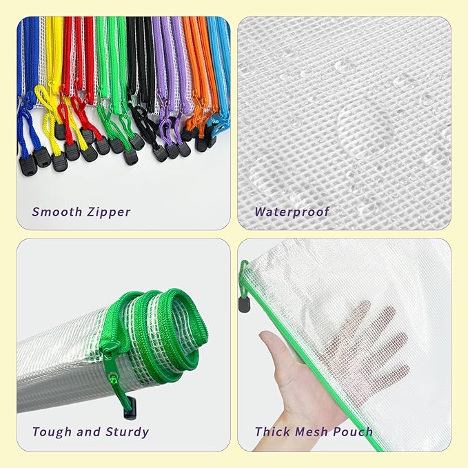 24 Pcs Mesh Zipper Pouch Bags, A4 Zipper Bags for Organizing Storage, Waterproof Zipper Pouches, File Bags for Cosmetics Travel Storage and Office Supplies