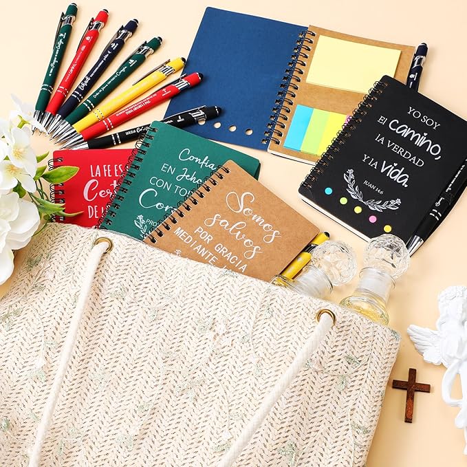30 Sets Spanish Christian Gifts Bulk Religious Notebooks with Bible Verse Pens,inspirational Spiral Prayer Journal and Pen Set Church Gifts for Women Men Sunday Church Party Favors (Colorful)