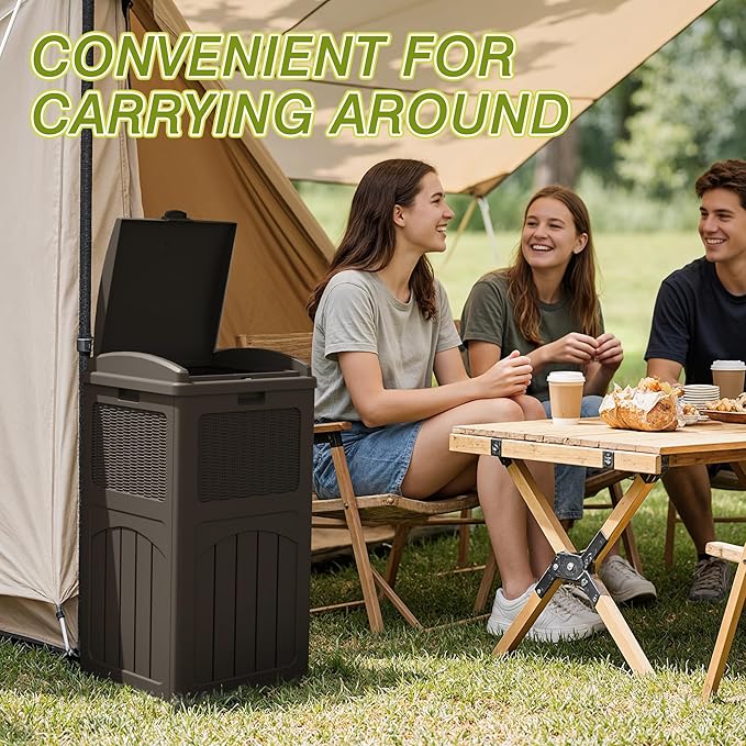 Greesum 33 Gallon Outdoor Trash Can with Lid, Waterproof Resin Garbage Bin for Hideaway, Deck, Patio, 4 Pack, Dark Brown