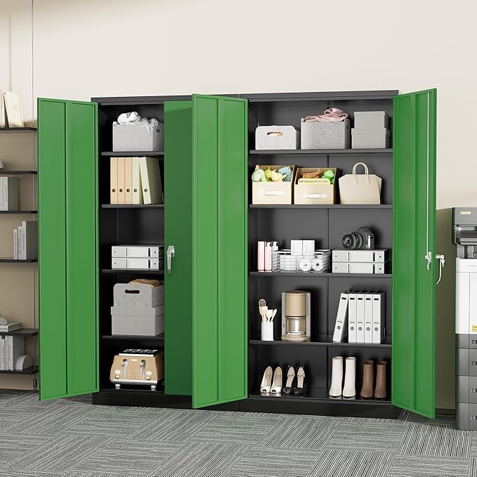 Greenvelly Metal Garage Storage Cabinet, 72" Tall Steel Storage Cabinets with Doors and Adjustable Shelves, Metal Tool Cabinets, Locking File Cabinet for Home Office, Garage, School (Black&Green)