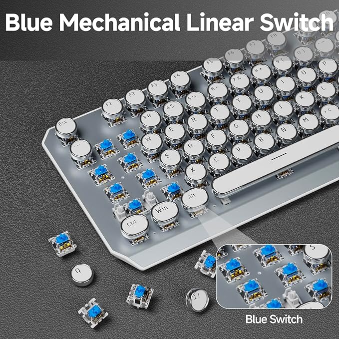 EWEADN Wireless Mechanical Typewriter Keyboard,80% Layout with White Backlit, Anti-Ghosting, Blue Switch Bluetooth/2.4GHz/USB-C Aesthetic Keyboard-White