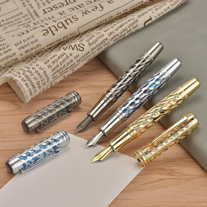 Hongdian A6 Piston Fountain Pen Extra Fine Soft Nib, Silver Blue Hollow Skeleton & Resin Pen with Metal Case Set