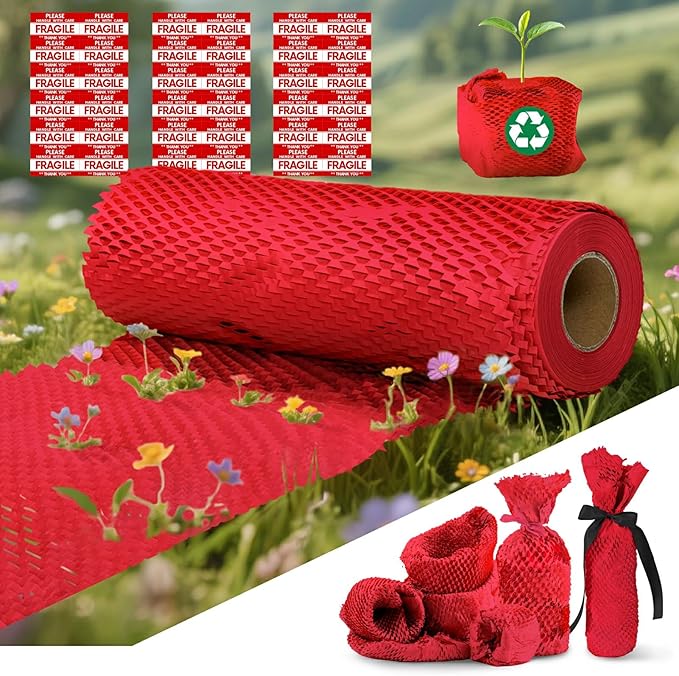Honeycomb Packing Paper, 12"x400' Red | Perforated Honeycomb Packing Paper Recyclable Moving Supplies for Shipping & Moving | Plastic-Free Alternative to Bubble Cushion Wrap with 36 Fragile Stickers
