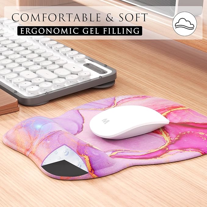 MROCO Ergonomic Mouse Pad with Gel Wrist Rest, Comfortable Mousepad with Smooth Wrist Support Surface and Non-Slip PU Base for Pain Relief, Computer, Laptop, Office & Home, 9.4 x 8.1 in, Pink Marble