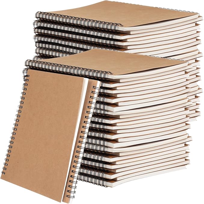 Lnrueg 48 Pcs A5 Spiral Notebooks - Brown Kraft Paper Cover Notebooks, Hardcover Lined Notebooks, Sturdy Travel Journals with Smooth 70GSM Paper for School, Office, Travel, 100 Pages