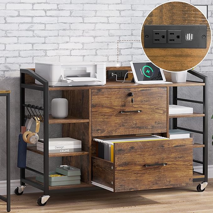 SEDETA 44" File Cabinet, Filing Cabinet fits Legal/Letter Size, 2 Drawer File Cabinets for Home Office with Lock, Power Strip, 6 Storage Shelves, Rustic Brown