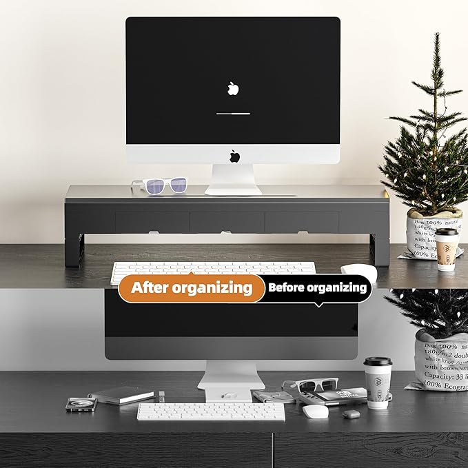 Computer monitor stand with 3 drawer ，Laptop Desk Shelf & Monitor Riser， 27.55 inches long desk riser ，Heavy Duty Gift Gaming Studio Offic (Basic Version, 700mm Drawer)