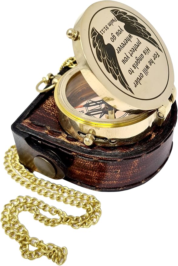 Brass Compass Engraved with Religious Scripture Verse - Ideal Gift for Son, Grandson, Daughter - Perfect for Baptism, Communion, Church and Graduation Day Present