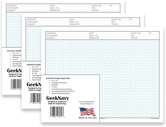 8.5" x 11" Isometric Graph Paper 50 Sheets Landscape - 0.25" Grid, Non-photo Blue, High Brightness, Drafting, Engineering, Art, 3D Design (3-Pack)