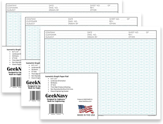 8.5" x 11" Isometric Graph Paper 50 Sheets Landscape - 0.25" Grid, Non-photo Blue, High Brightness, Drafting, Engineering, Art, 3D Design (3-Pack)