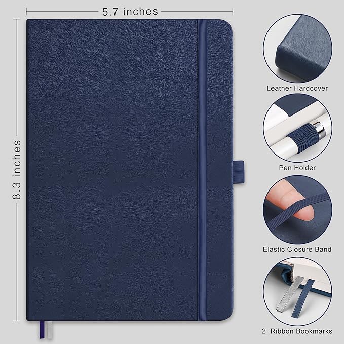 RETTACY Bullet Dotted Journal Notebook, 256 Pages, A5 Medium Size (5.7'' × 8.3''), Leather Hardcover, 120 GSM Thick Paper, for Bullet Journaling, Planning, Tracking (Navy Blue)