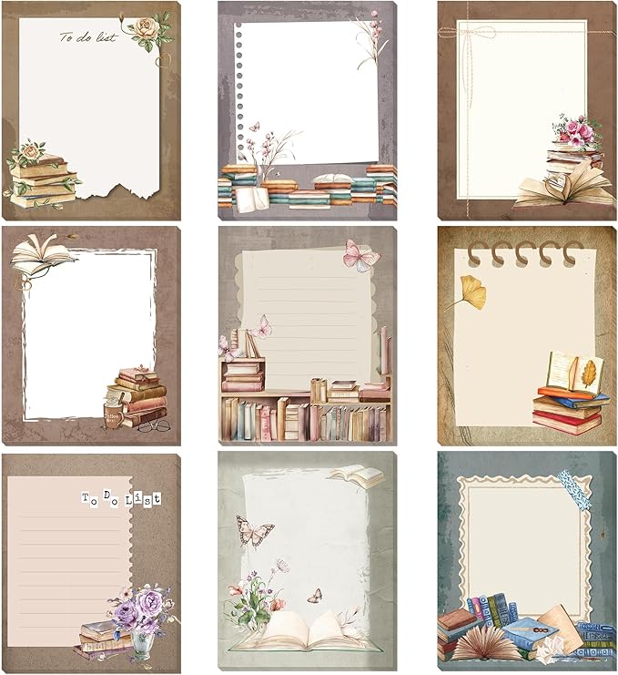 Sabary 9 Pads Sticky Notes 3.15 x 3.94 Inches Cute Self Sticky Note Pads Colored Adhesive Notepad for Memo Reminder Journal Studying Office Home Gift (Book Lover)