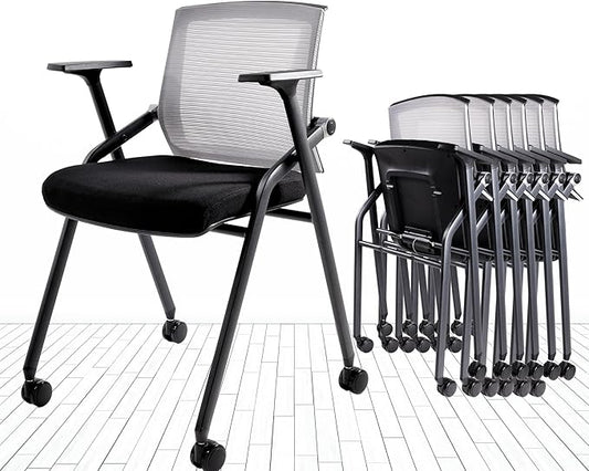 Conference Room Chairs, Folding Office Desk Chair with Lumbar Support and Sliding Armrest, Stackable Office Guest Chairs & Reception Chairs 20 Pack with Wheels
