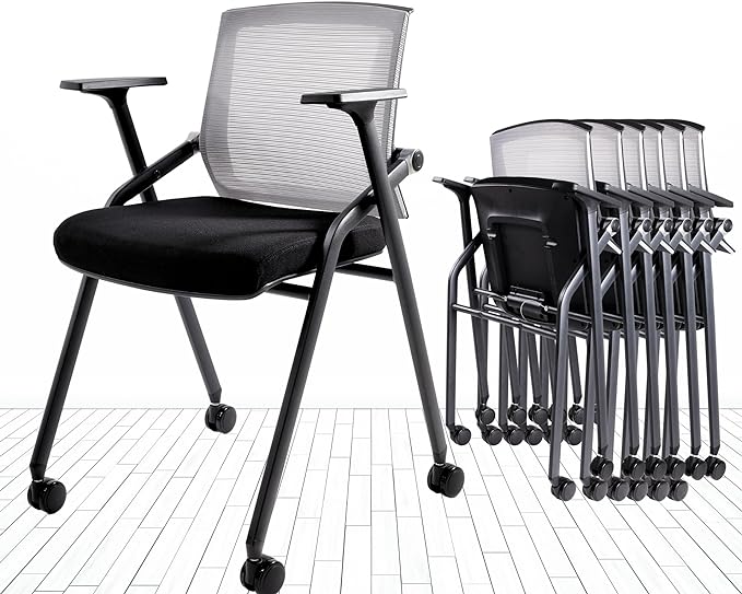 Conference Room Chairs, Folding Office Desk Chair with Lumbar Support and Sliding Armrest, Stackable Office Guest Chairs & Reception Chairs 20 Pack with Wheels