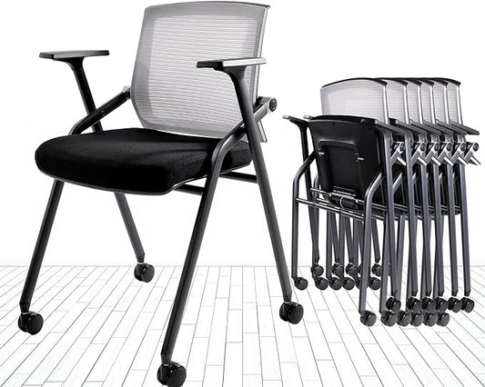 Conference Room Chairs, Folding Office Desk Chair with Lumbar Support and Sliding Armrest, Stackable Office Guest Chairs & Reception Chairs 20 Pack with Wheels