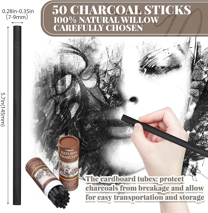 Gueevin 50 Pcs Willow Charcoal Sticks, Willow Charcoal, Artists, Beginners, Students, Perfect for Sketching, Drawing, Shading, and Fine Art (7-9mm)
