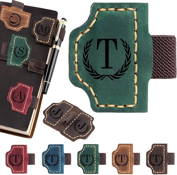 Artlaza Personalized Magnetic Leather Bookmark with Pen Holder - 26 Letters Custom Book Mark with Name Initial Engraved Book Marker for Readers, Book Lovers, Travelers - Gift for Women & Men(Green，T