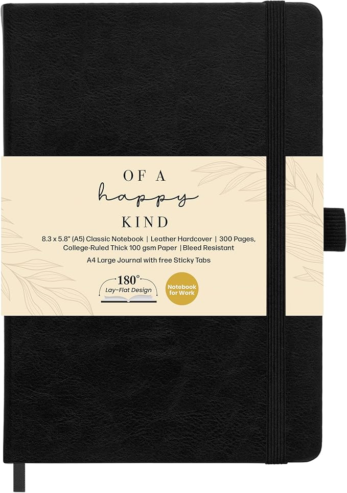 Lined Leather Bound Journal Notebook, A5 Hardcover - Black 5.8x8.3" - Thick 300 Pages College Ruled Paper Journals for Men and Women - Personal and Professional Note Book for Writing & Journaling
