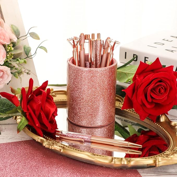 Sabary 8 Pcs Ballpoint Pens with Pen Holder for Desk Metal Crystal Diamond Pen Glitter Pencil Holder Fancy Pens Black Ink Bling Desk Organizer for Women Girls Office School Wedding Gifts (Rose Gold)