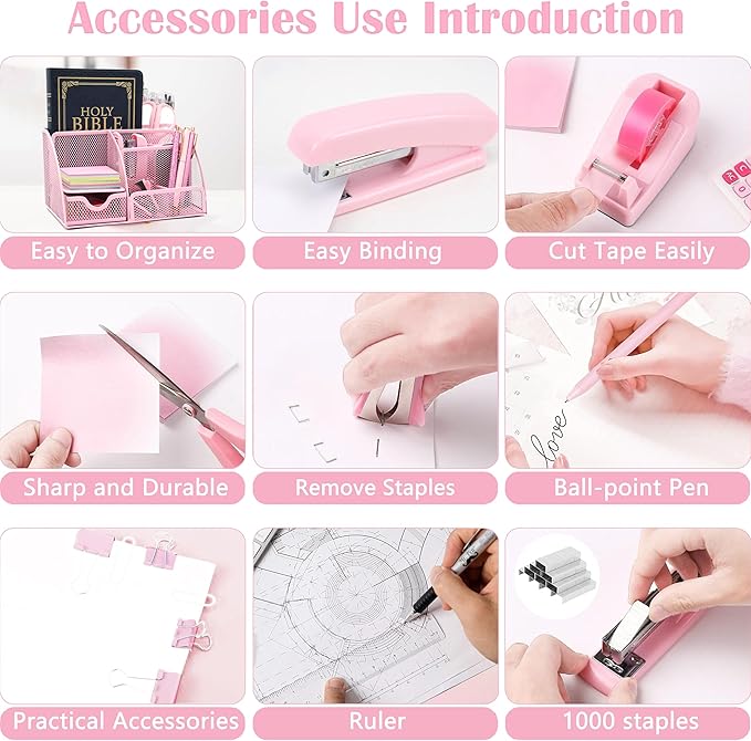 Pink Office Desk Accessories Supplies, 12pcs Desk Organizers and Accessories with Tape dispenser and Stapler,Staples,Staple Remover,Pen Holder,Scissor,Ruler,Sticky Tabs,Tape,Ballpoint Pen,Clips Set