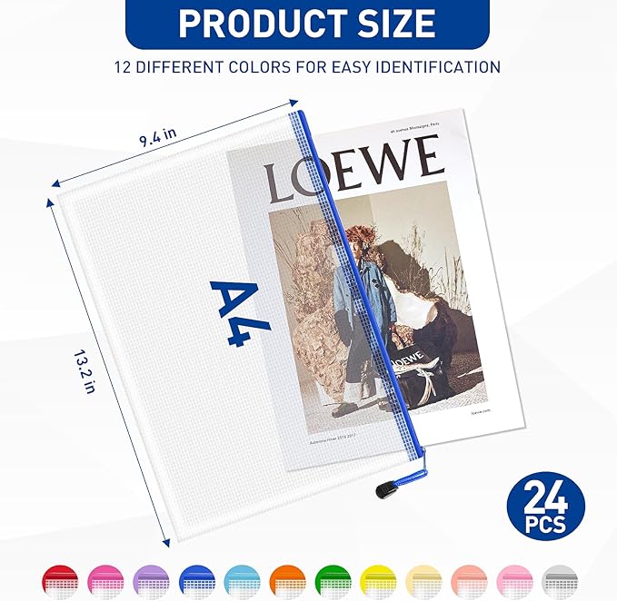 24pcs Clear Zipper Pouches, A4 Zipper Bag, 12 Colors Letter Size Organizer Bags, Plastic Mesh Zipper Pouch, Toy Bags for Storage, Zip Bags for Classroom, Home Organization, Teacher Supplies