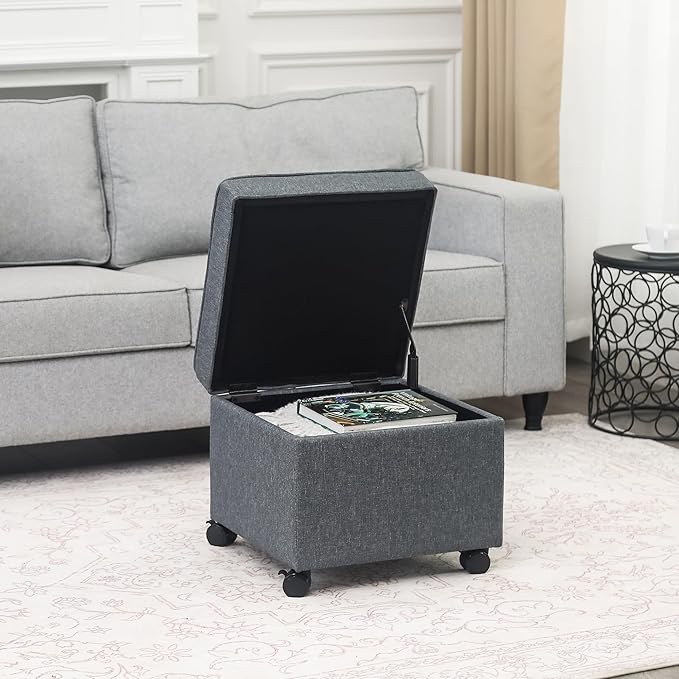 Adeco 17.5" Square Fabric Ottoman with Storage, Upholstered Cotton Linen Foot Rest, Flip Top Footstool, Small Cube Coffee Table Extra Seat for Living Room, Bedroom, Grey with Rolling Legs