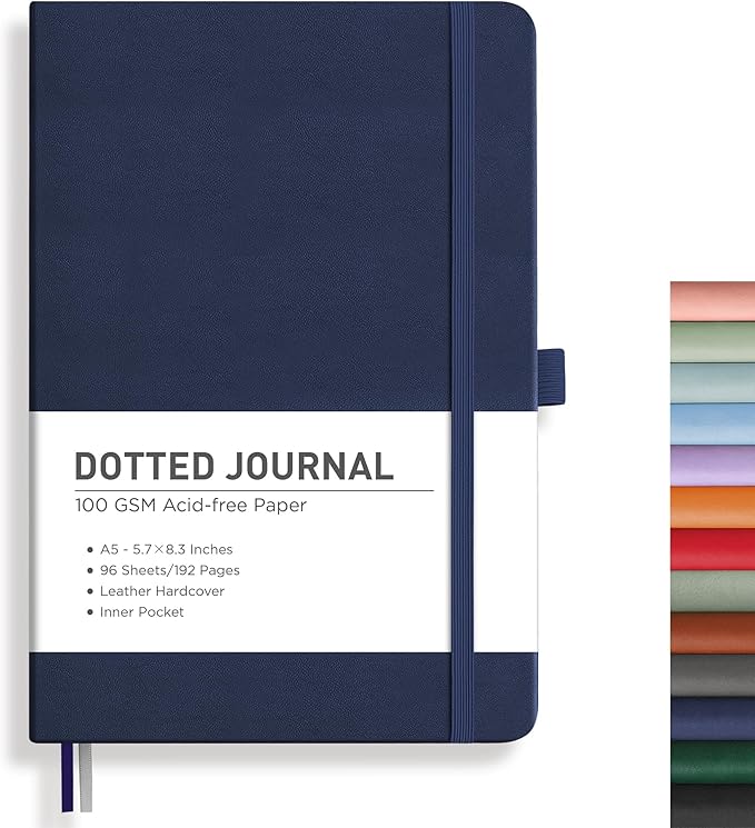 RETTACY Bullet Dotted Journal Notebook, 192 Pages, A5 Medium Size (5.7'' x 8.3''), Leather Hardcover, 100 GSM Thick Paper, for Bullet Journaling, Planning, Tracking (Navy Blue)