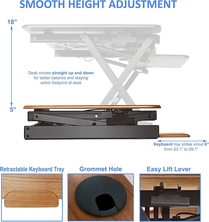 Rocelco 32" Height Adjustable Standing Desk Converter - Sit Stand Computer Workstation Riser - Dual Monitor Retractable Keyboard Tray Gas Spring Assist - Teak Wood Grain (R EADRT)
