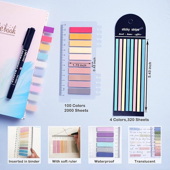 WSCHU 2320Pcs Book Tabs for Annotating Books, 104 Colors Morandi Sticky Tabs for Binders, Page Markers Transparent Sticky Notes,Writable & Repositionable Book Flags Strip Index Tabs,Page Tabs