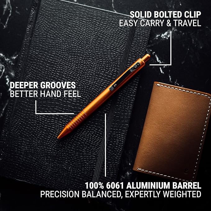 Everyman Taipan Orange Grafton Pen & Ink Bundle, Premium EDC Luxury Writing Utensil with Extra 3-pack of Black Gel Refills (.7mm), Pen with Pocket Clip, Luxury Metal Writing, Gift for Office
