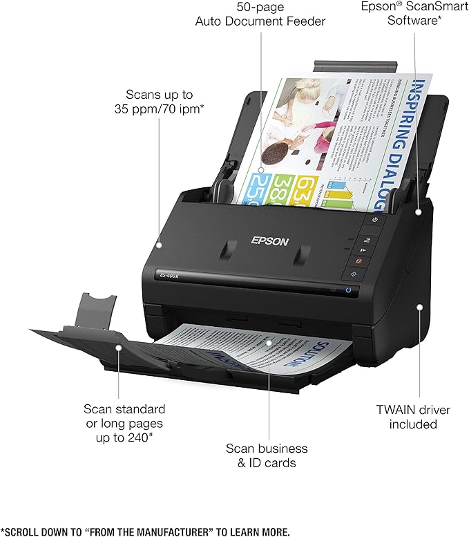 Epson Workforce ES-400 II Color Duplex Desktop Document Scanner for PC and Mac, with Auto Document Feeder (ADF) and Image Adjustment Tools, ES-400 II