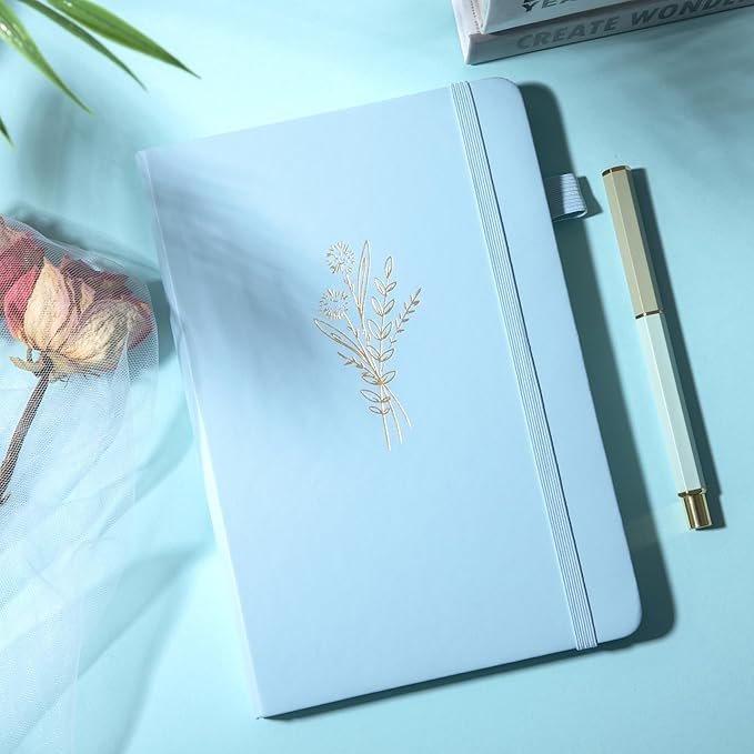 Lined Journal Notebook for Women Cute Leather Journaling Notebooks for Writing 192 Pages A5 Hardcover Aesthetic Floral Diary, 5.7 x 8.3 In, Blue
