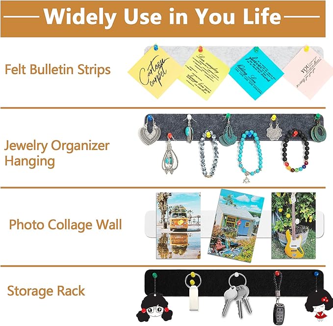 8 Packs Felt Pin Board Bar Strips Bulletin Board for Bedrooms Offices Home Wall Decoration, Notice Board Self Adhesive Cork Board with 50 Push Pins for Paste Notes, Photos, Schedules