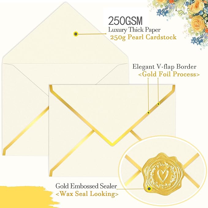 60 Pack Gold Envelopes 5x7 Bulk Beige, 250G Pearled Cardstock A7 Envelopes for Invitations Business Mailing Envelope with Gold Foil Border, A6 4x6 Envelopes for Wedding Baby Shower Cards