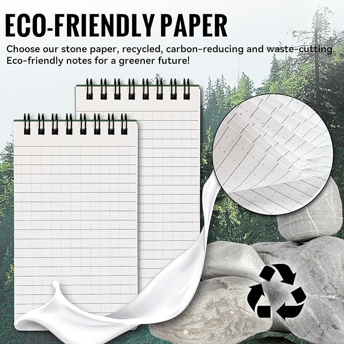 POPYOLA 8 Pack Waterproof Pocket Notebook, 3x5 Pocket Notepad, All Weather Mini Spiral Notepad, Write in the Rain Police Notepad with 100 Squared Pages for Outdoor Home Office School, Green